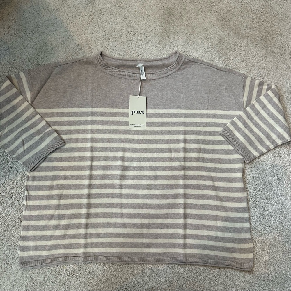 NWT Pact 100% Organic Cotton Classic Fine Knit Oat Stripe 3/4 Sleeve Sweater - Picture 9 of 13